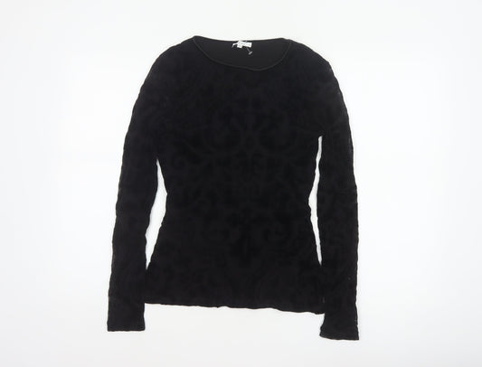 Reiss Women Black S Sheer Floral Burnout Long Sleeve Round Neck Blouse