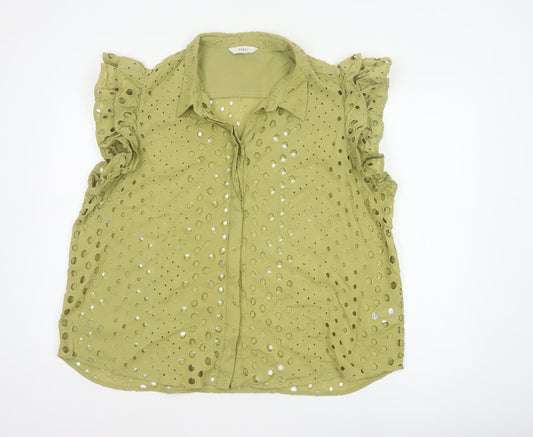 Marks and Spencer Women Green UK 22 Ruffle Eyelet Cotton Button-Up Blouse
