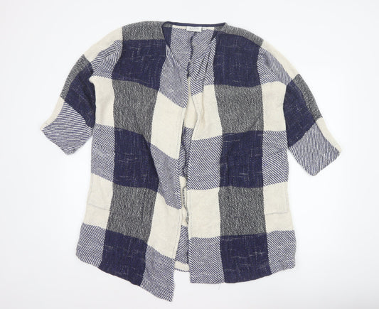 Masai Women Blue M Open Knit Check Long Jacket Cotton Viscose