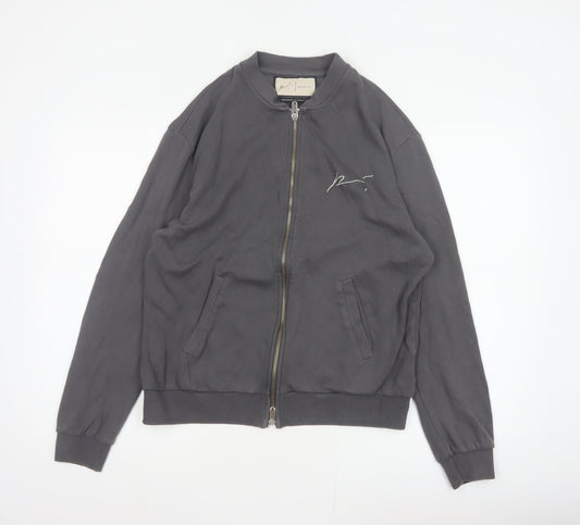 Back view of Prevu Men’s Grey Cotton Bomber Jacket L Full Zip Logo