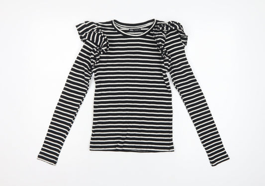 Zara Women Black White S Striped Ruffle Long Sleeve Basic T-Shirt