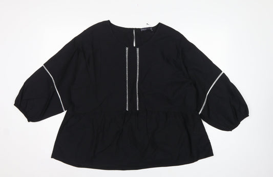 Marks and Spencer Women Black UK 16 Tunic Blouse Puff Sleeve Embroidered