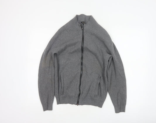 Massimo Dutti Men Grey S Full Zip Cotton High Neck Knit Jumper