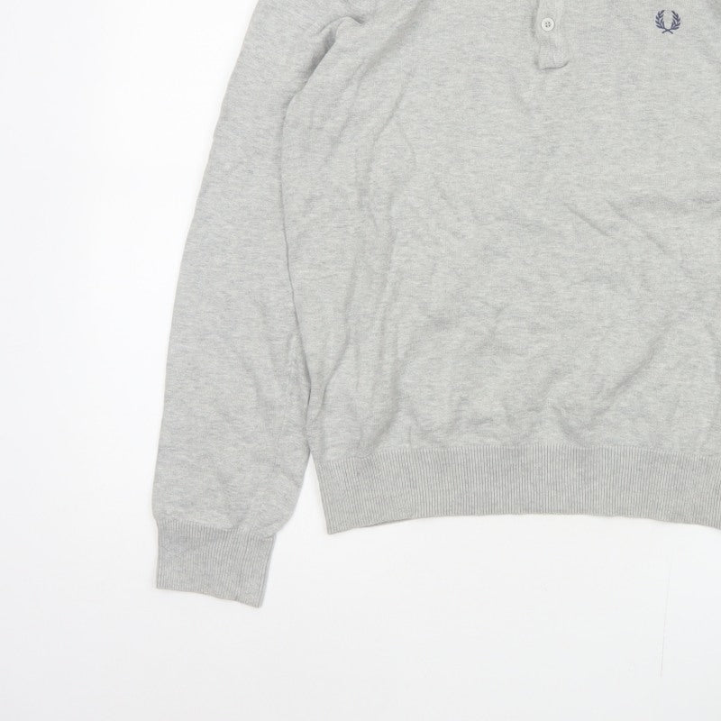 Fred Perry Men Grey M Cotton Logo Henley High Neck Jumper