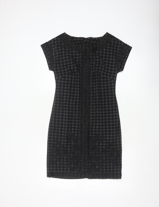 Linea Women Black Grey UK 8 Sheath Knee Dress Houndstooth