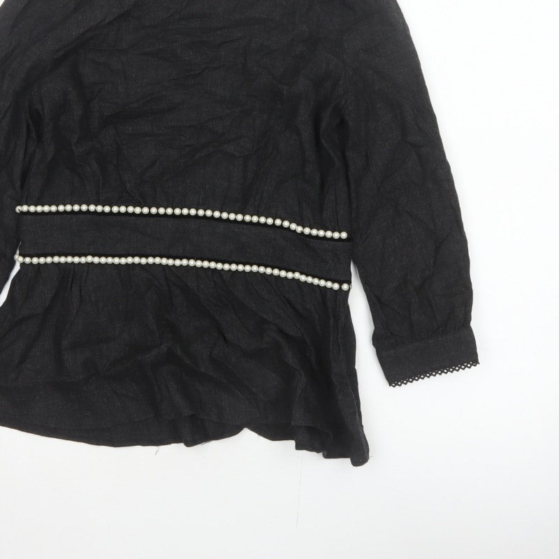 Zara TRF Women’s Black S Long Sleeve Pearl Trim Peplum Blouse