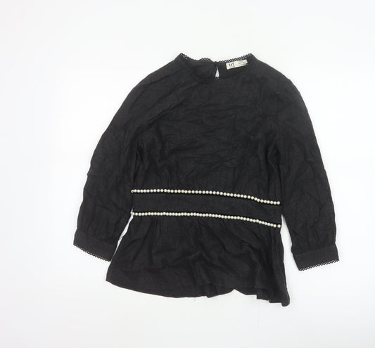 Zara TRF Women’s Black S Long Sleeve Pearl Trim Peplum Blouse