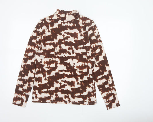 Marks and Spencer Women Brown Animal Print High Neck Long Sleeve Top UK 12
