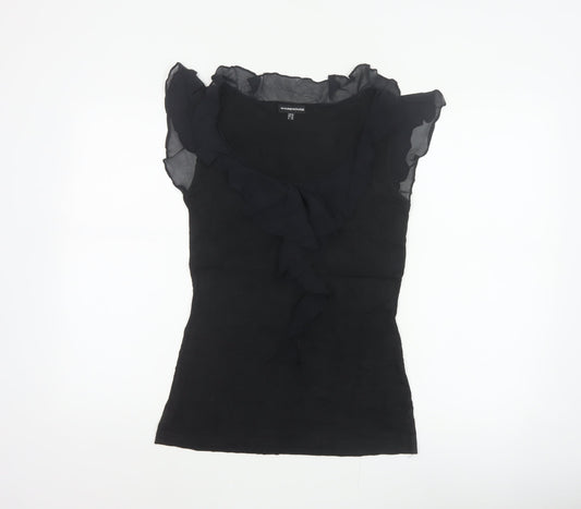 Warehouse Women Black UK 10 Ruffle Sheer Silk Trim Stretch Blouse