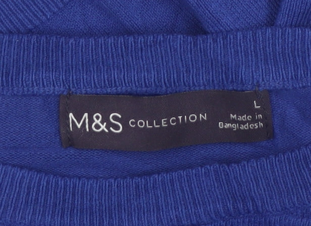 Marks & Spencer Women Blue L Geometric Puff Sleeve Knit Jumper