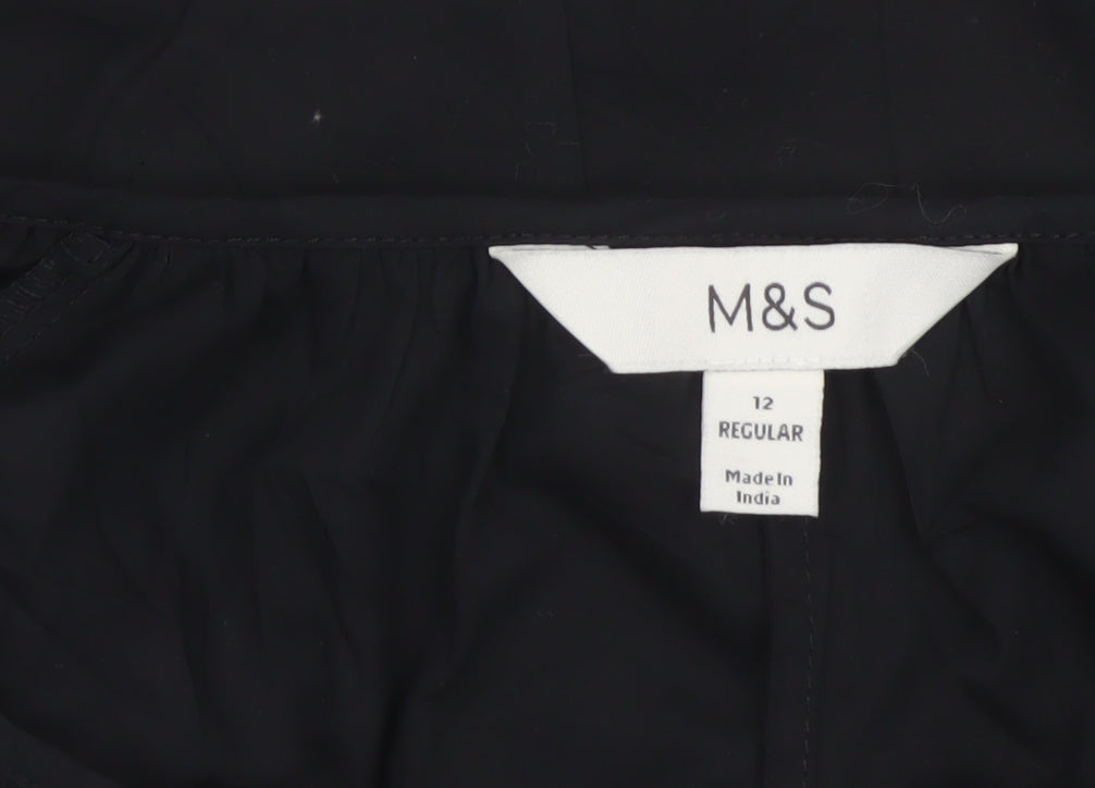 Marks and Spencer Women Black Size 12 Embroidered Floral V-Neck Blouse