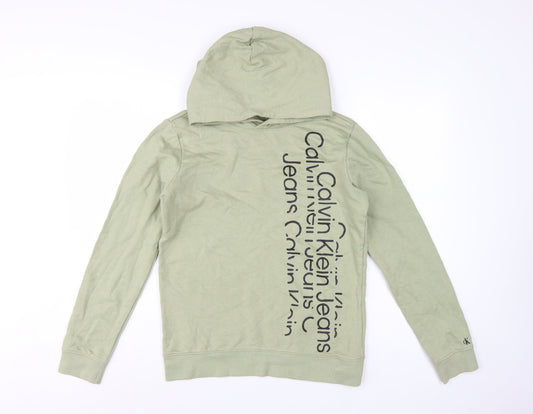 Back view of Calvin Klein Jeans boys’ green 16 years pullover logo hoodie cotton