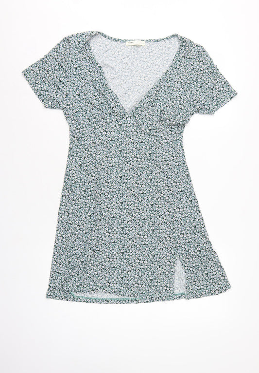 Pull&Bear Women Green Floral Size L Wrap Knee Dress V Neck