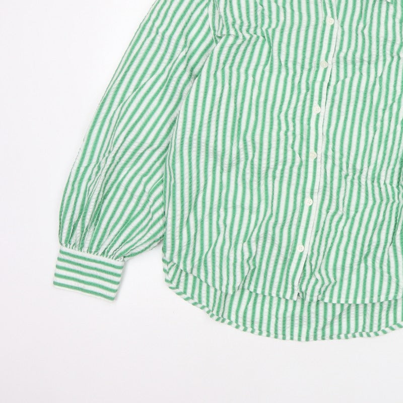 Marks & Spencer Women Green Stripe Cotton Balloon Sleeve Shirt UK 14