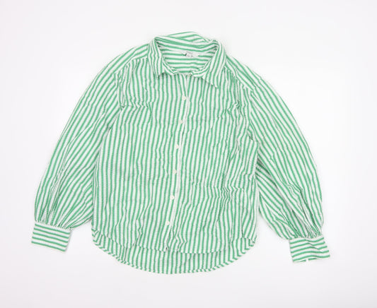 Marks & Spencer Women Green Stripe Cotton Balloon Sleeve Shirt UK 14