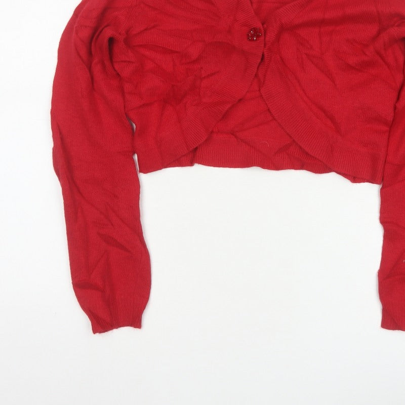 L.K. Bennett Women Red M V-Neck Beaded Button Knit Cardigan