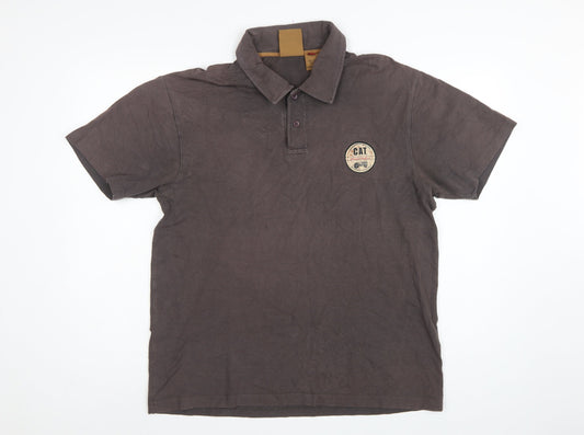 Back view of CAT men’s brown l premium workwear logo short sleeve polo shirt