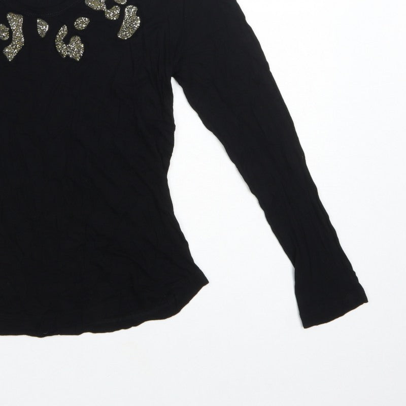 Zara Women Black S Rhinestone Leopard Scoop Neck Long Sleeve T-Shirt