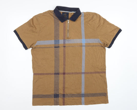 Back view of Next Men's Brown XL Check 1/4 Zip Short Sleeve Cotton Polo Shirt