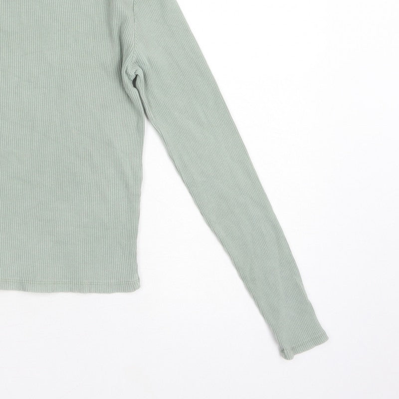 Stradivarius Women Green L Slim Ribbed Crew Neck Long Sleeve T-Shirt