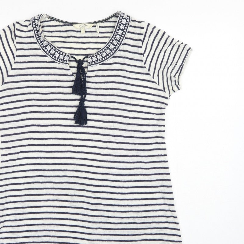 FatFace Women’s Blue White Stripe Linen Tassel Tunic T-Shirt UK 6