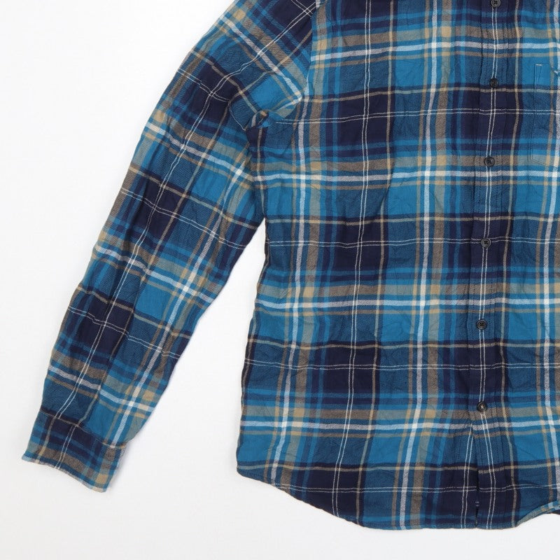 Marks and Spencer Men Blue Plaid Cotton Button-Down Shirt L