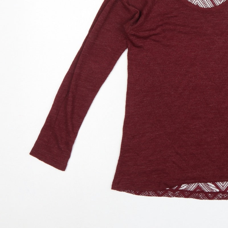 Zara Women Red S Geometric Crochet Sheer Long Sleeve Scoop Neck Top