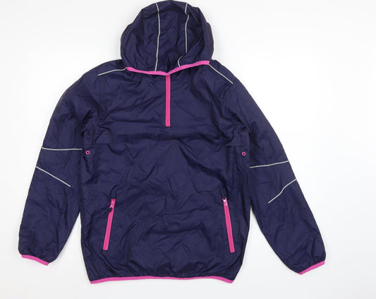 Back view of Marks and Spencer girls’ blue 13-14 years hooded anorak pink trim