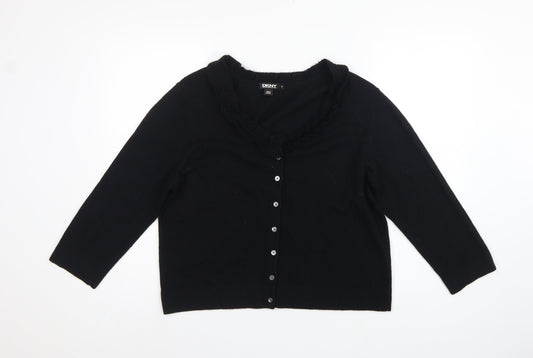 DKNY Women’s Black XL Ruffle V-Neck Lambswool Cashmere Cardigan