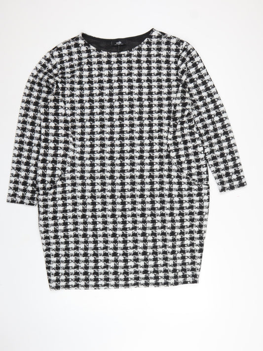 Wallis Women Black White Houndstooth Shift Dress UK 16 Long Sleeve