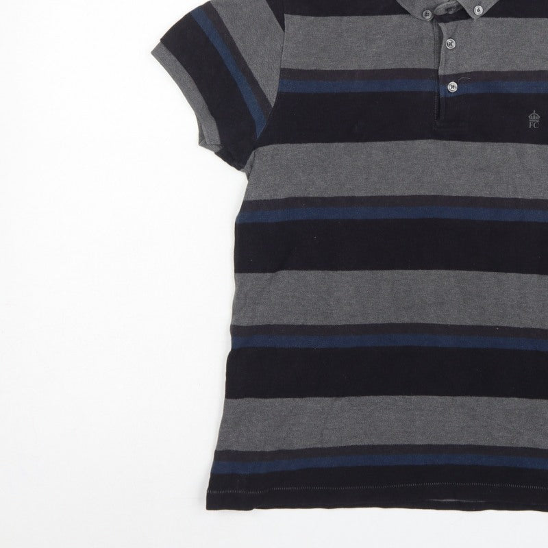French Connection Men Grey Navy Striped Button-Down Polo Shirt M