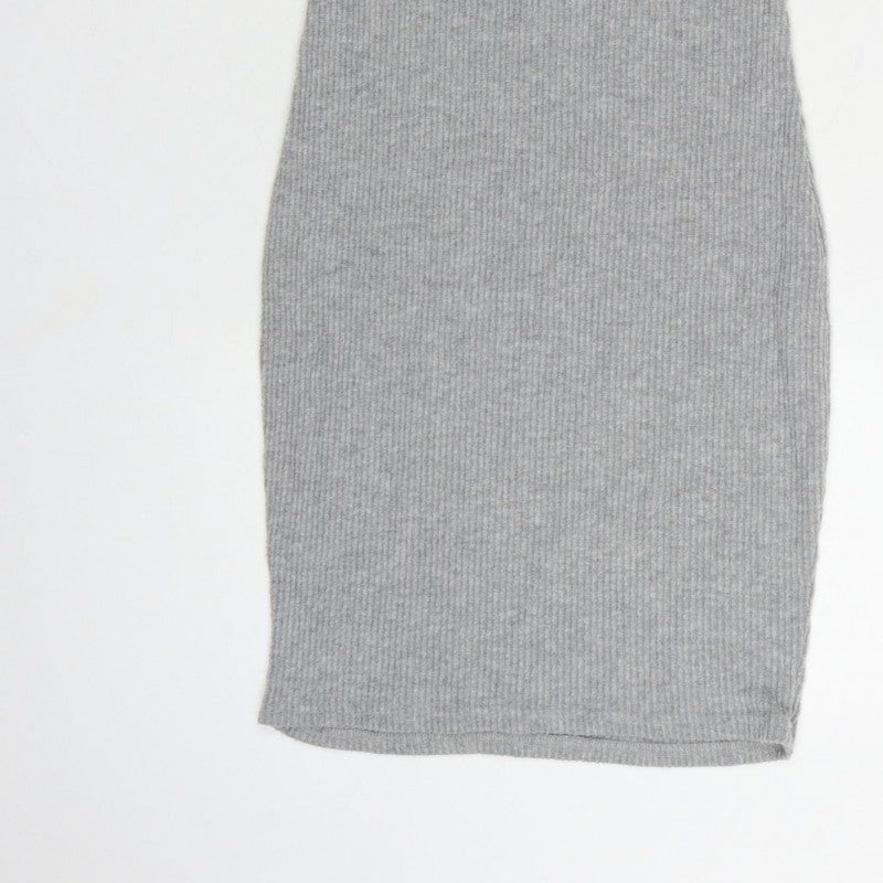 PrettyLittleThing Women Grey UK 6 Ribbed Knit Bodycon Knee Dress