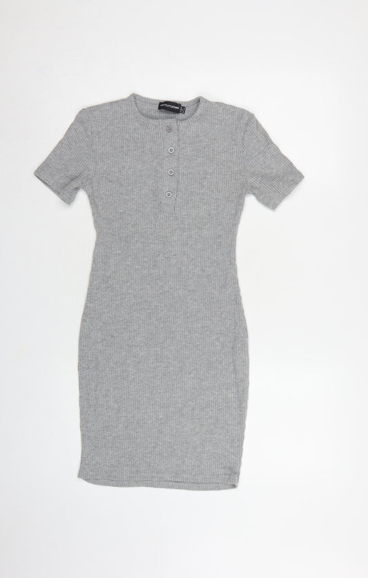 PrettyLittleThing Women Grey UK 6 Ribbed Knit Bodycon Knee Dress