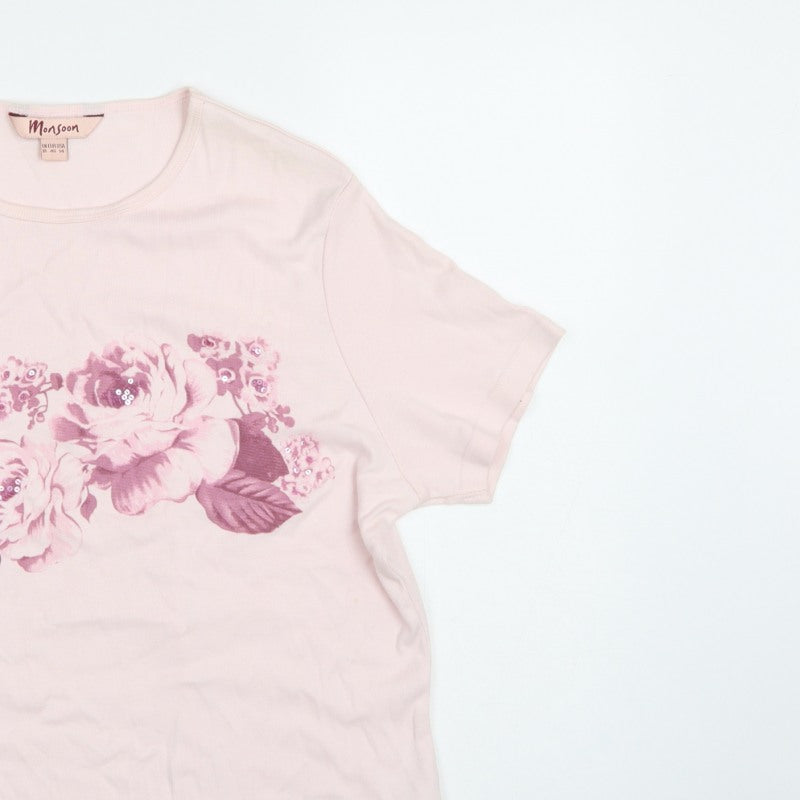 Monsoon Women Pink UK 18 Floral Sequin Cotton Jersey T-Shirt