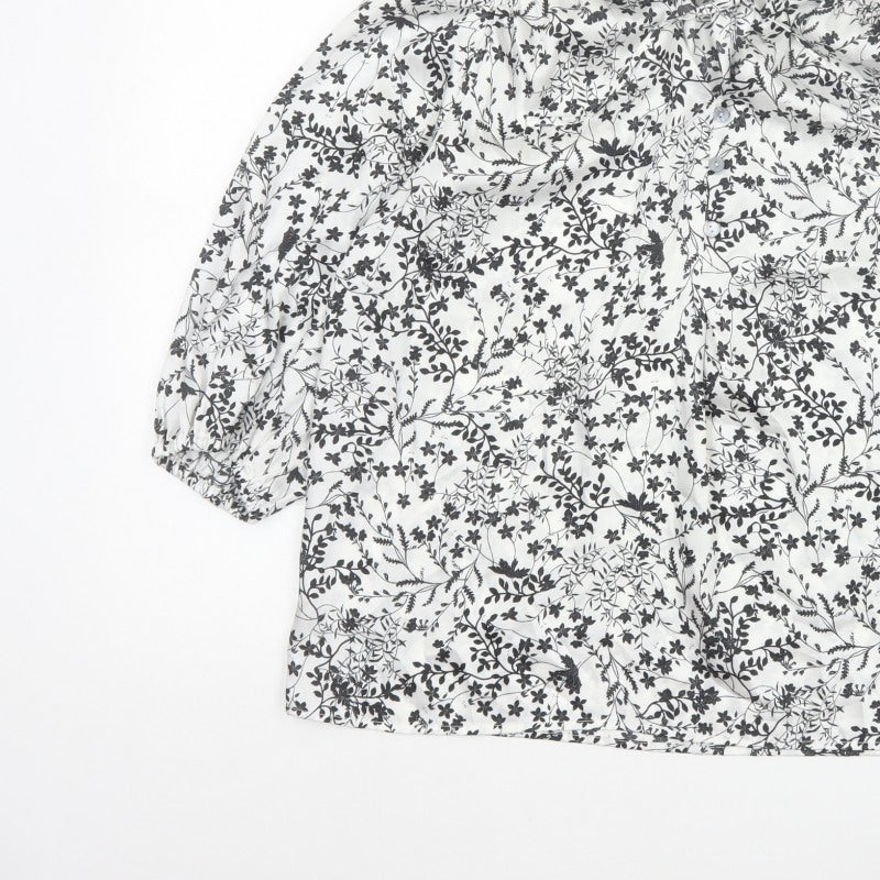 Marks and Spencer Women White Floral High Neck Puff Sleeve Blouse UK 14