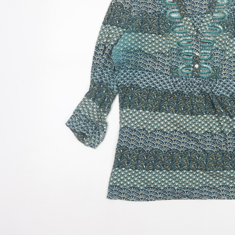 Per Una Women Blue Geometric Sequin Cotton Tunic Blouse UK 12