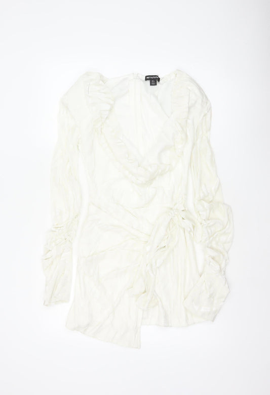 PrettyLittleThing Women Ivory UK 8 Ruffle Wrap Mini Party Dress