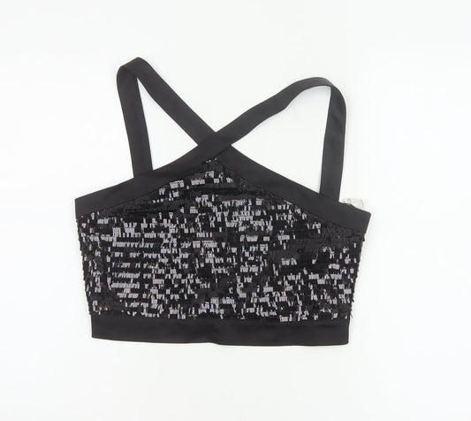 Zara Basic Women Black M Sequin Cropped Crossover Strap Party Tank Top