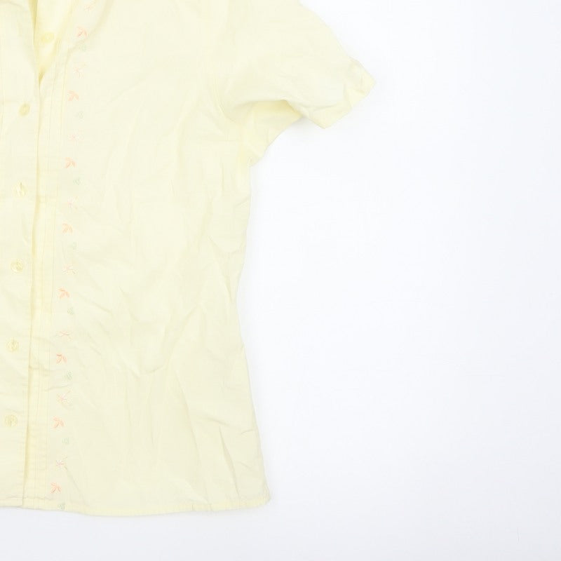 Tulchan Women Yellow S Embroidered Floral Short Sleeve Button-Up Shirt