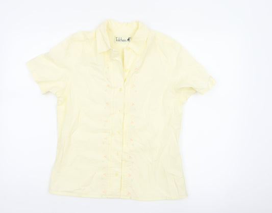 Tulchan Women Yellow S Embroidered Floral Short Sleeve Button-Up Shirt