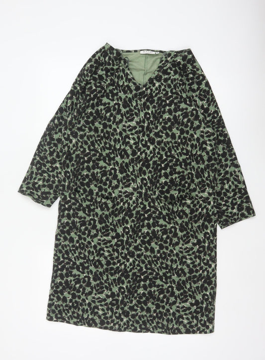 Masai Women Green Leopard Print Jersey Shift Dress M V-Neck