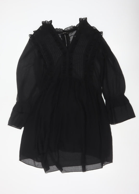 ONLY Women Black UK 10 Fit & Flare Ruffle Sheer Chiffon Mini Dress