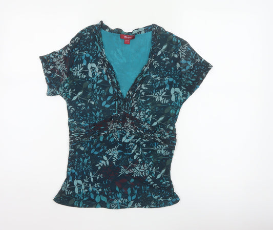 Monsoon Women Blue Floral Wrap Blouse UK 16 Short Sleeve V-Neck
