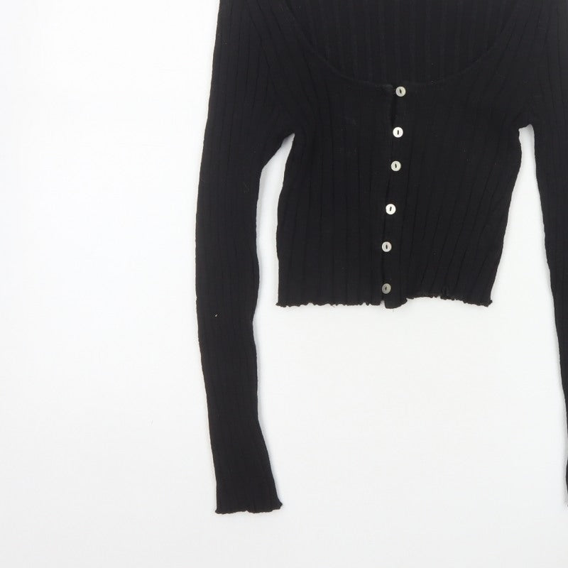 Miss Selfridge Women Black UK 8 Petite Cropped Rib Knit Button-Up Top