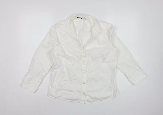 Jaeger Women Ivory UK 12 Cotton Collared Long Sleeve Button-Up Shirt