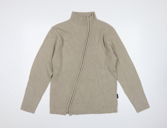 Back view of Blue Inc Men's Beige L Full Zip High Neck Rib Knit Acrylic Jumper