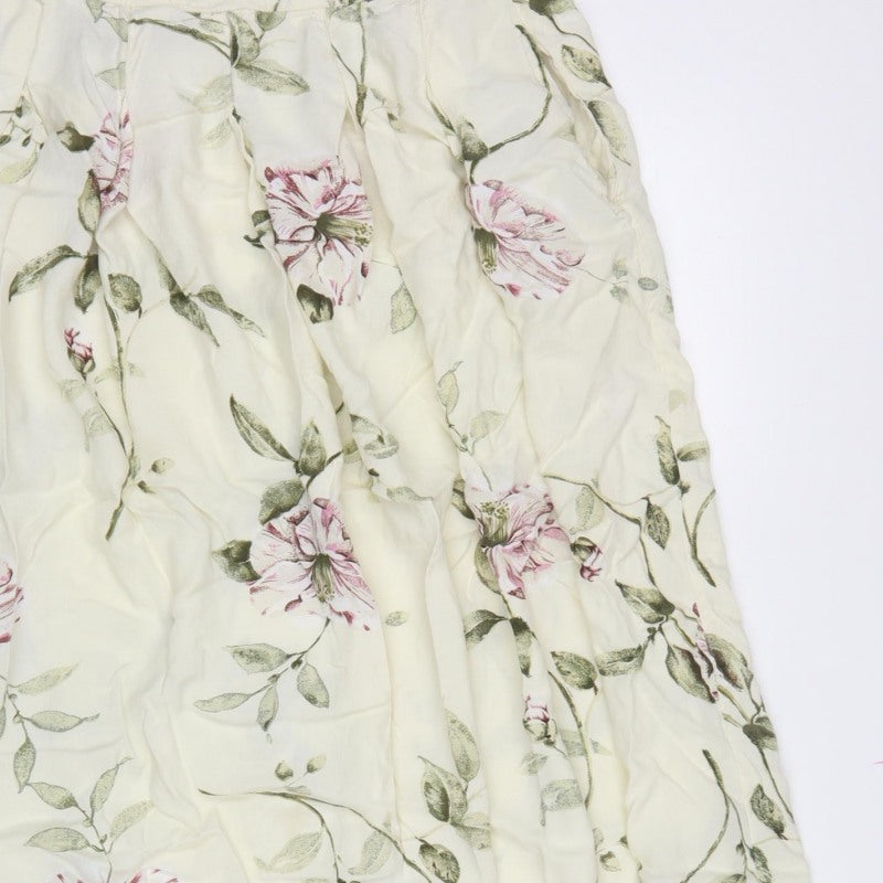 Monsoon Women Ivory Pink Floral Viscose Midi Flare Skirt Size L
