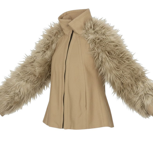 Prewornwholesale ZARA BASIC beige wool bomber jacket with long faux fur sleeves and a high collar zip front