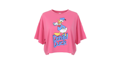 Disney Women’s Pink Donald Duck Cropped T-Shirt Size XL Relaxed Fit