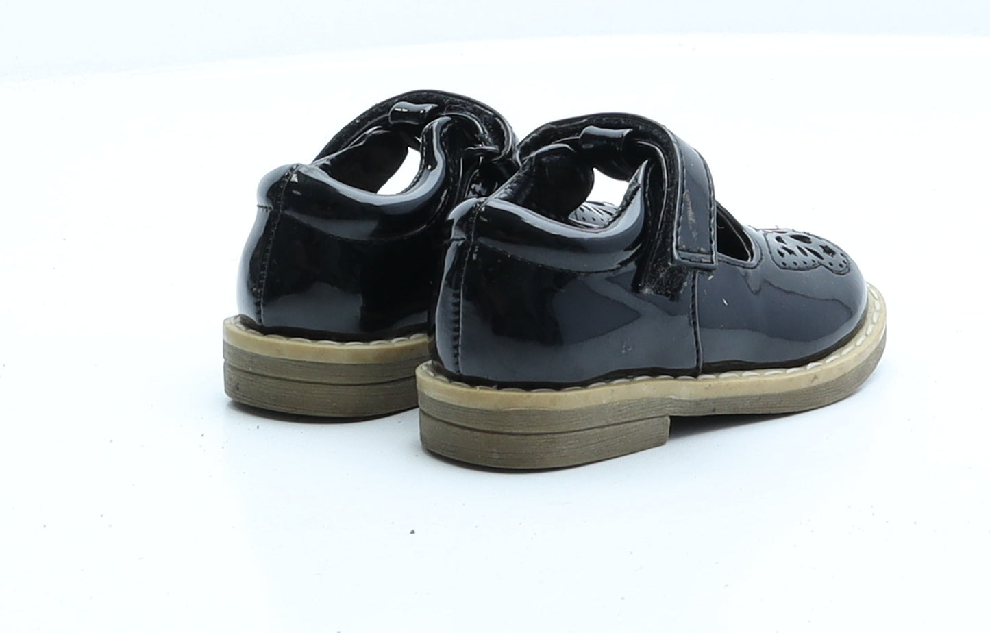 F&F Girls Black Patent Leather Strappy Flat UK 4 EUR 20